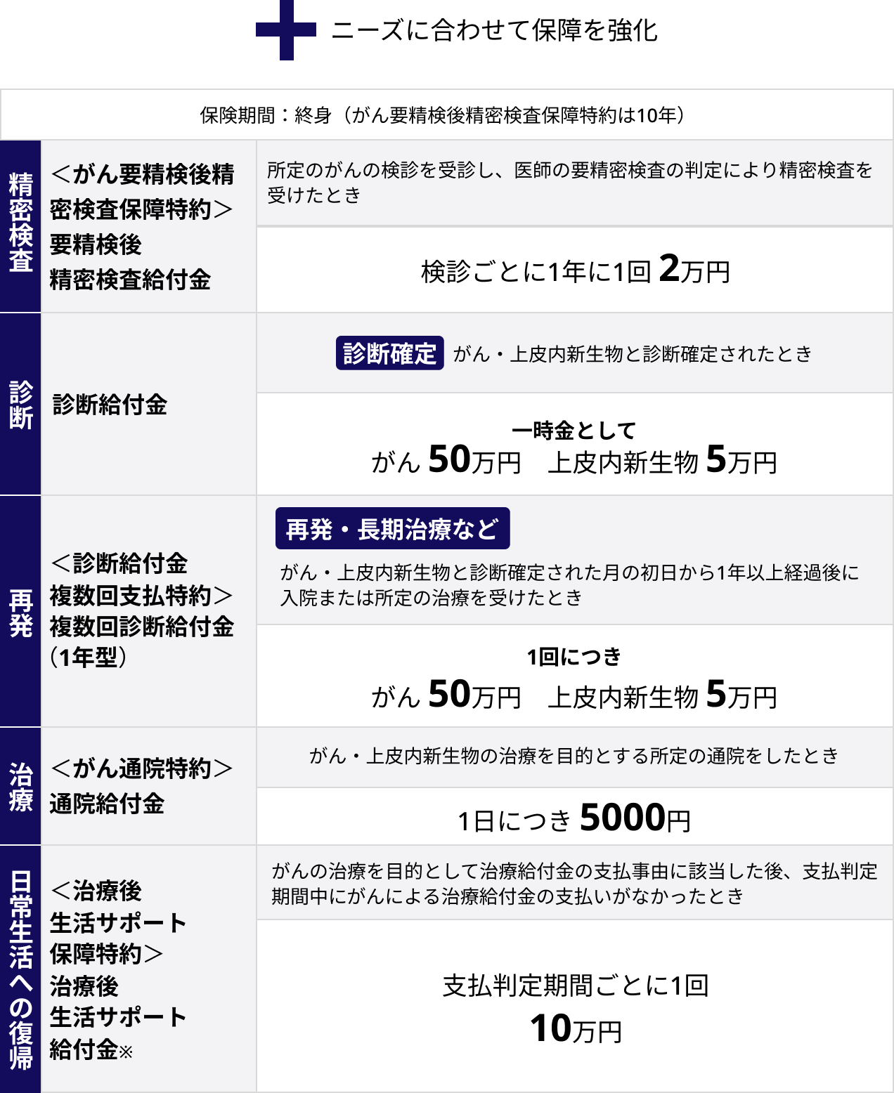 
        +ニーズに合わせて保障を強化
        保険期間：終身
        （がん要精検後精密検査保障特約は10年）
        精密検査：＜がん要精検後精密検査保障特約＞要精検後精密検査給付金：所定のがんの検診を受診し、医師の要精密検査の判定により精密検査を受けたとき：検診ごとに1年に1回 2万円
        診断：診断給付金：【診断確定】がん・上皮内新生物と診断確定されたとき：一時金として がん 50万円、上皮内新生物 5万円
        再発：＜診断給付金複数回支払特約＞複数回診断給付金（1年型）：【再発・長期治療など】がん・上皮内新生物と診断確定された月の初日から1年以上経過後に入院または所定の治療を受けたとき：1回につき がん 50万円、上皮内新生物 5万円
        治療：＜がん通院特約＞通院給付金：がん・上皮内新生物の治療を目的とする所定の通院をしたとき：1日につき 5000円
        日常生活への復帰：＜治療後生活サポート保障特約＞治療後生活サポート給付金※：がんの治療を目的として治療給付金の支払事由に該当した後、支払判定期間中にがんによる治療給付金の支払いがなかったとき：支払判定期間ごとに1回 10万円
        